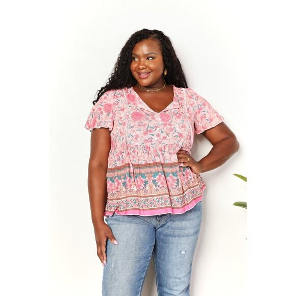 Double Take Bohemian Decorative Button Tie-Neck Peplum Blouse - Picture 1 of 14